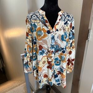 Floral V-Neck Button Front Blouse - Multicolor
